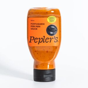 Bottle of Portuguese Peri Peri Sauce by Pepler’s – bold, tangy, and spicy condiment for chicken, prawns, vegetables, sandwiches, and wraps