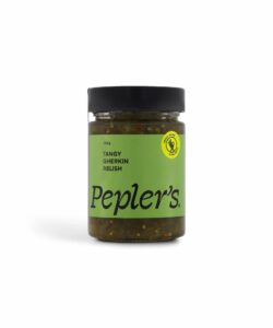 Jar of Tangy Gherkin Relish by Pepler’s – sweet and tangy gourmet condiment perfect for burgers, sandwiches, cheese platters, and everyday meals