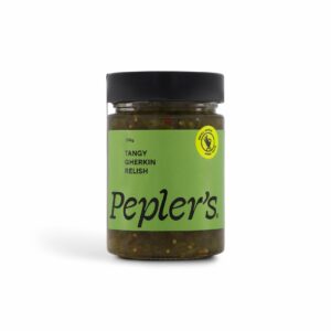Jar of Tangy Gherkin Relish by Pepler’s – sweet and tangy gourmet condiment perfect for burgers, sandwiches, cheese platters, and everyday meals