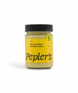 Jar of The Colonel’s Mustard Mayo by Pepler’s – creamy, tangy mustard mayonnaise perfect for sandwiches, burgers, wraps, and gourmet meals