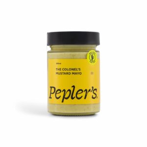 Jar of The Colonel’s Mustard Mayo by Pepler’s – creamy, tangy mustard mayonnaise perfect for sandwiches, burgers, wraps, and gourmet meals